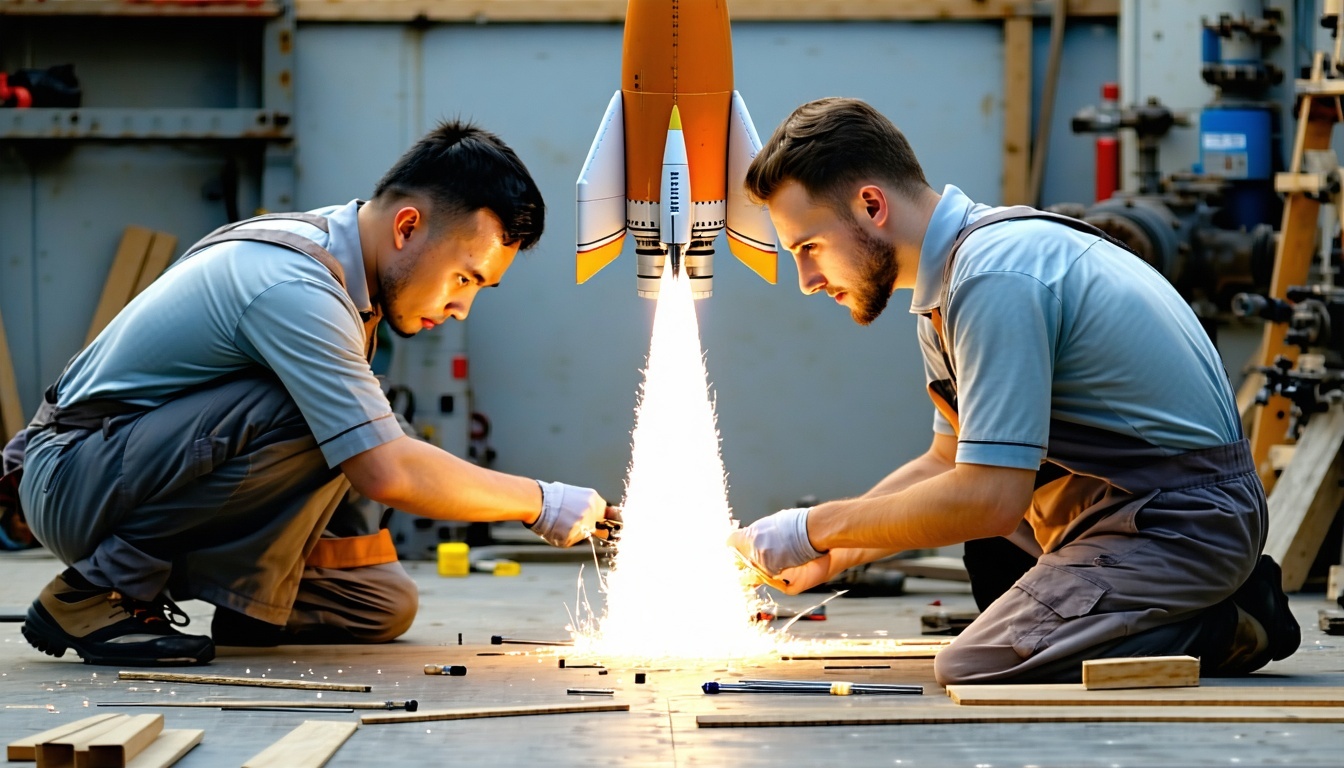 Enthusiasts assembling a rocket at a workshop